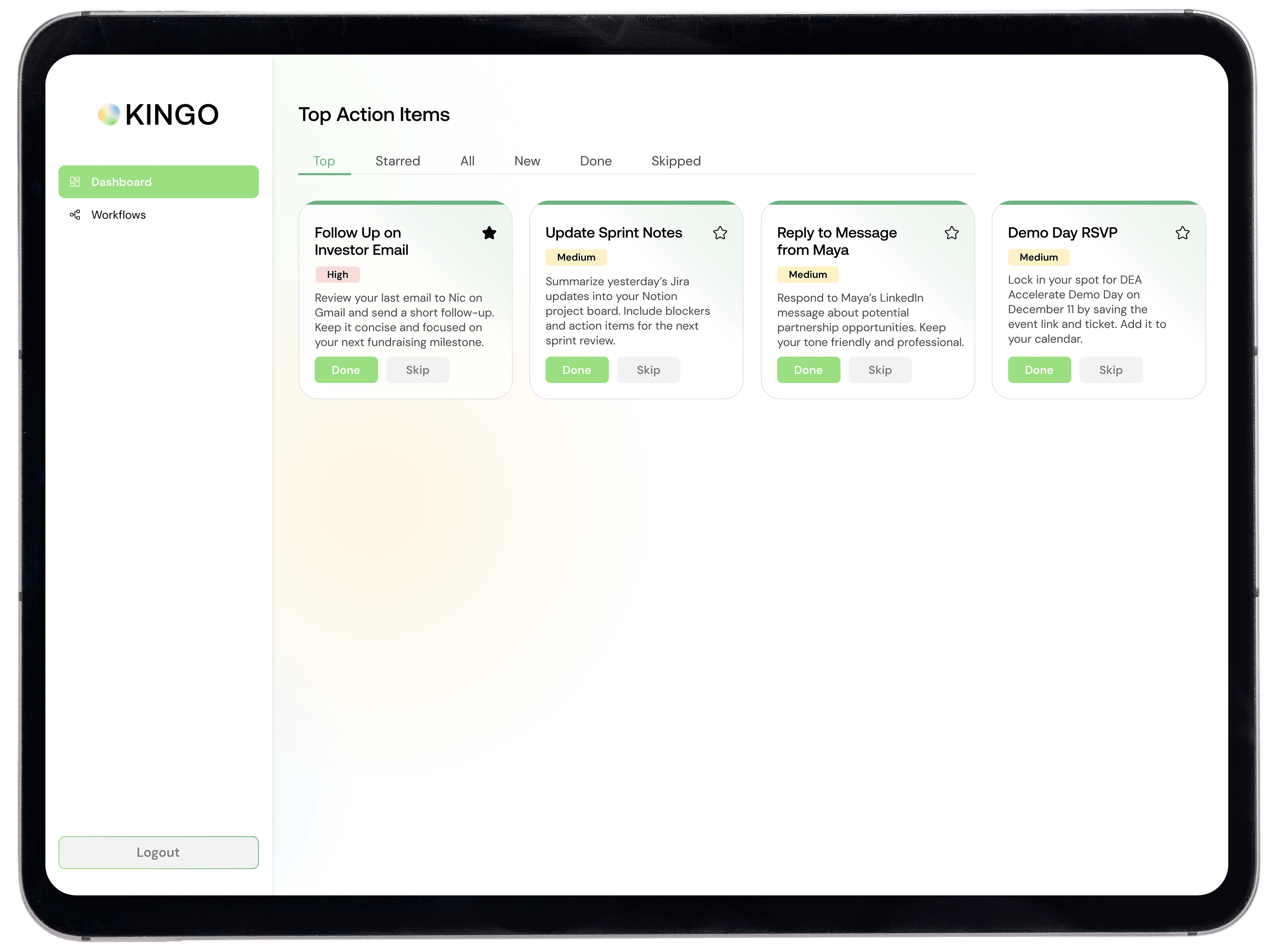 The Daily Focus email interface showing AI assistant recommendations