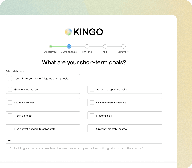 Instruct Kingo interface showing goal setting form